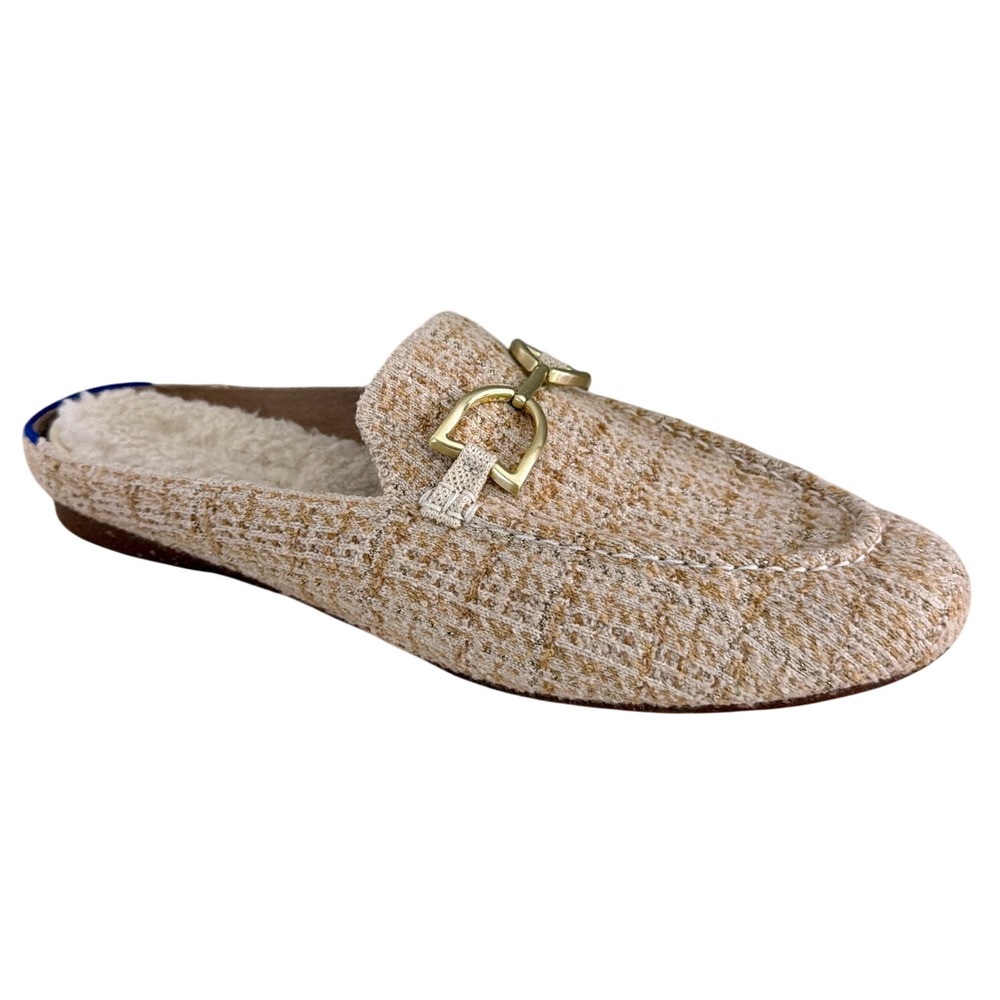 Rothys The Bit Merino Mule Sandstone Tweed Gold Horsebit Faux Shearling Women 10